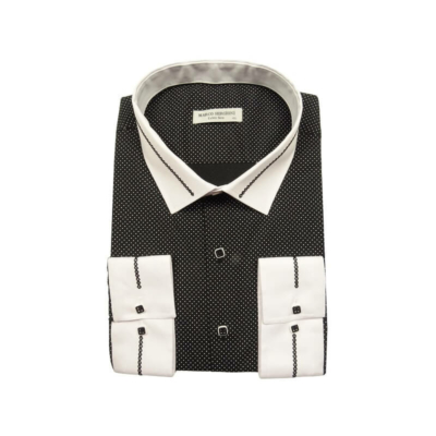 4XL-11XL Extra nagyméretű alkalmi M.Contrast fekete, fehér pöttyös férfi hosszú ujjú ing, kontrasztos fehér gallérral és mandzsettával.Rendeljen online kényelmesen vagy jöjjön el személyesen üzletünkbe!