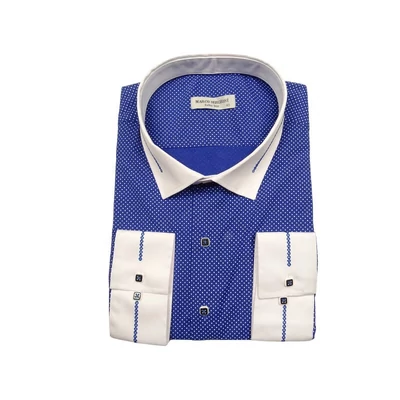 4XL-11XL Extra nagyméretű alkalmi M.Contrast királykék, fehér pöttyös férfi hosszú ujjú ing, kontrasztos fehér gallérral és mandzsettával.Rendeljen online kényelmesen vagy jöjjön el személyesen üzletünkbe!