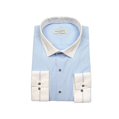 4XL-11XL Extra nagyméretű alkalmi M.Contrast világoskék, fehér pöttyös férfi hosszú ujjú ing, kontrasztos fehér gallérral és mandzsettával.Rendeljen online kényelmesen vagy jöjjön el személyesen üzletünkbe!