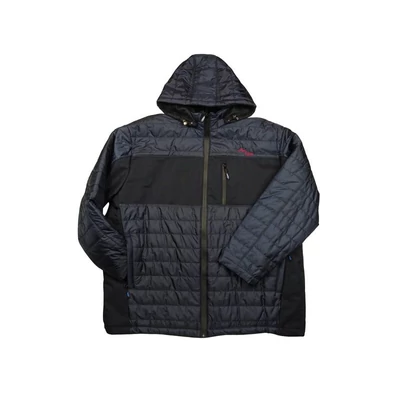 Férfi nagy 3XL-6XL méretű, steppelt bélelt softshell kabát levehető kapucnival, sötétkék színben. Tekintse meg online vagy jöjjön el hozzánk személyesen üzletünkbe.