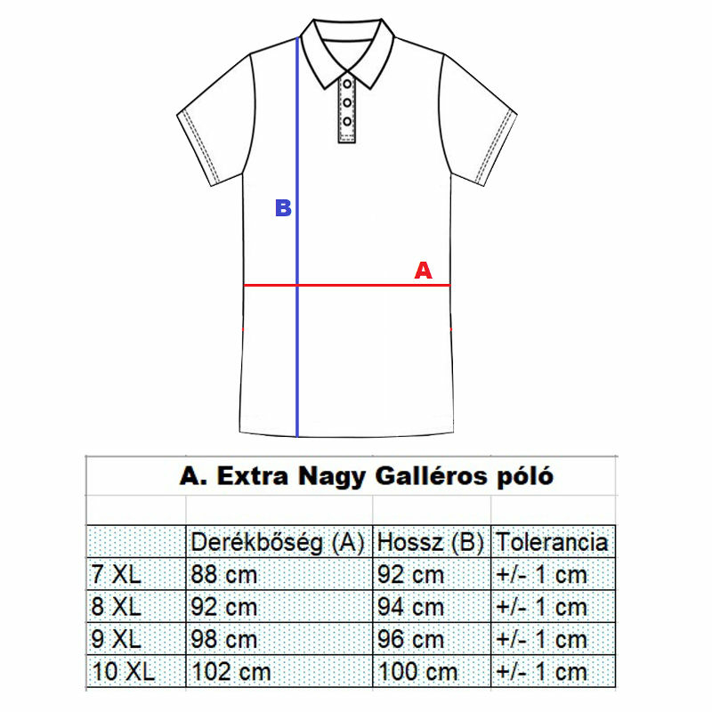 A.North bordó férfi EXTRA nagyméretű galléros póló mérettáblázata