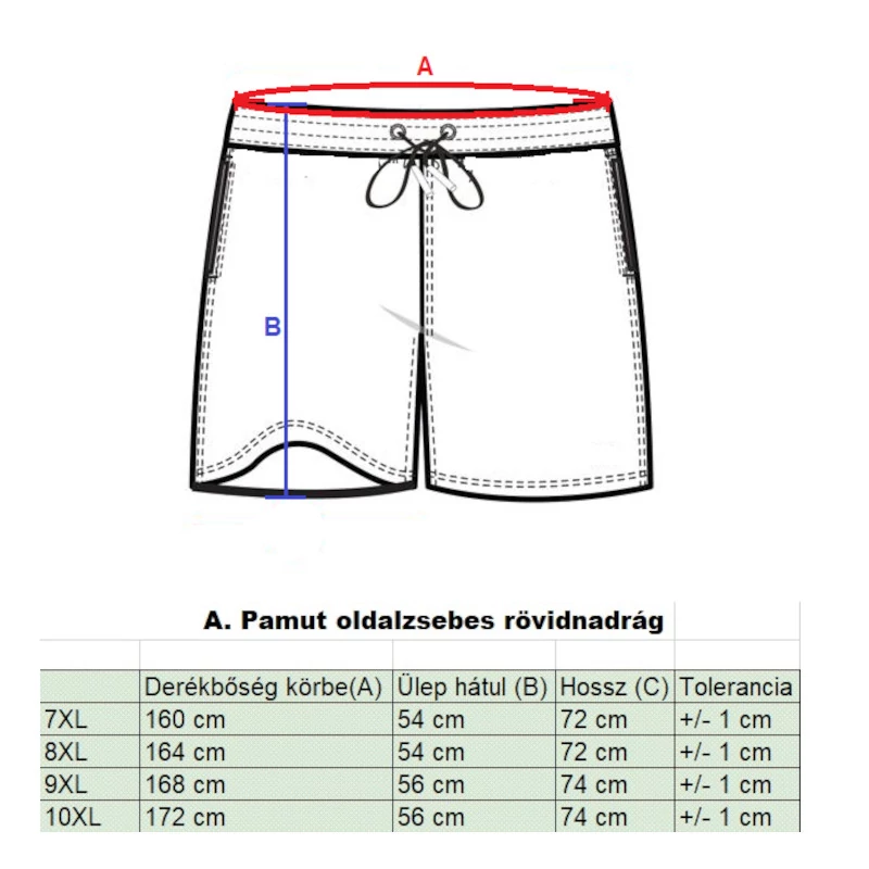 A.Basic fekete EXTRA nagyméretű férfi oldalzsebes pamut rövidnadrág mérettáblázata