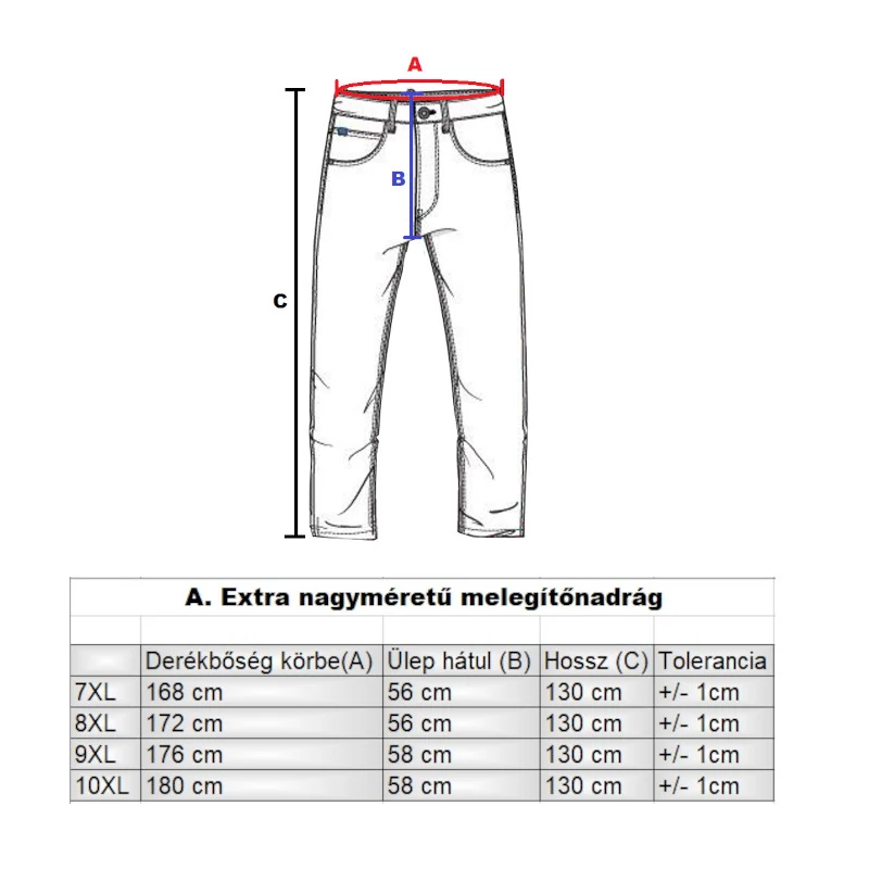A.Comfort sötétkék férfi EXTRA nagyméretű melegítőnadrág mérettáblázata