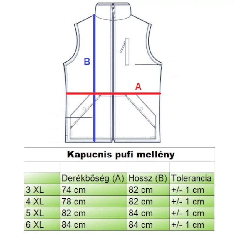 Sötétkék férfi nagyméretű kapucnis pufi mellény mérettáblázata