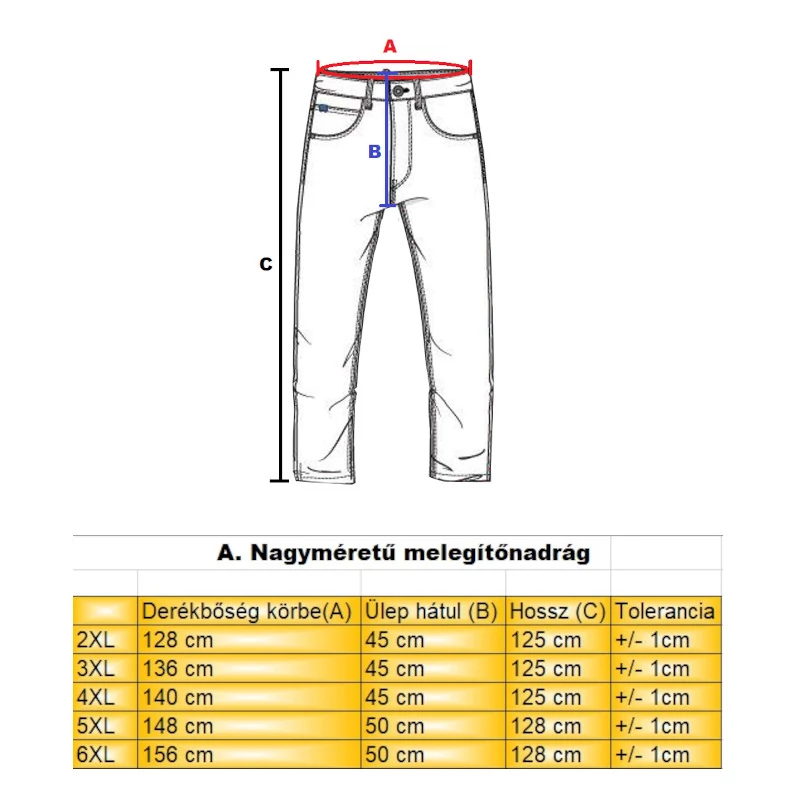 A.Sötétkék City férfi vastag nagyméretű melegítőnadrág mérettáblázata