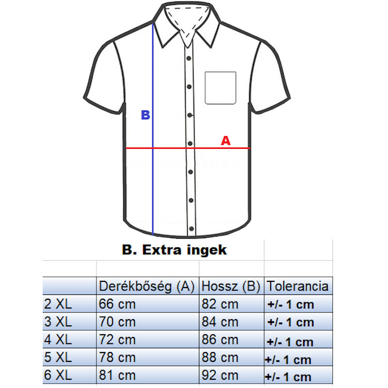 B.Fekete, fehér mintás nagyméretű férfi rövid ujjú viszkóz ing mérettáblázata