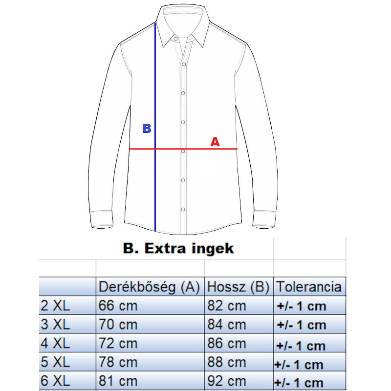 B.Indigókék sima nagyméretű férfi alkalmi ing mérettáblázata