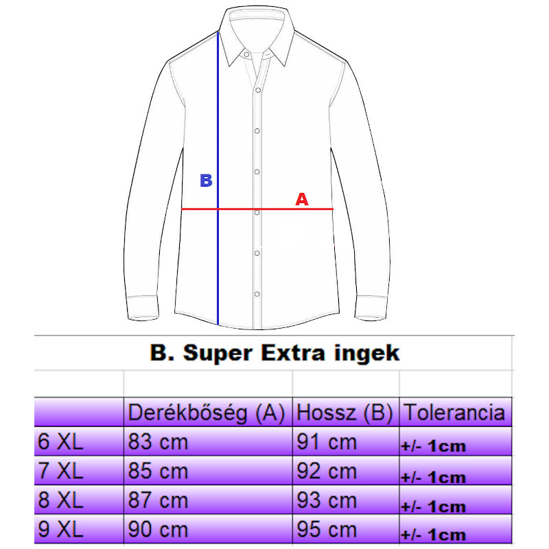 B.Fehér hímzett zsebes EXTRA nagyméretű férfi ing mérettáblázata