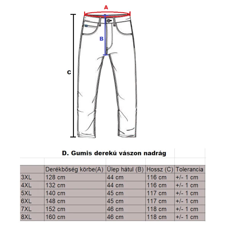 D.Sötétkék gumis derekú vékony nagyméretű férfi vászon nadrág mérettáblázata