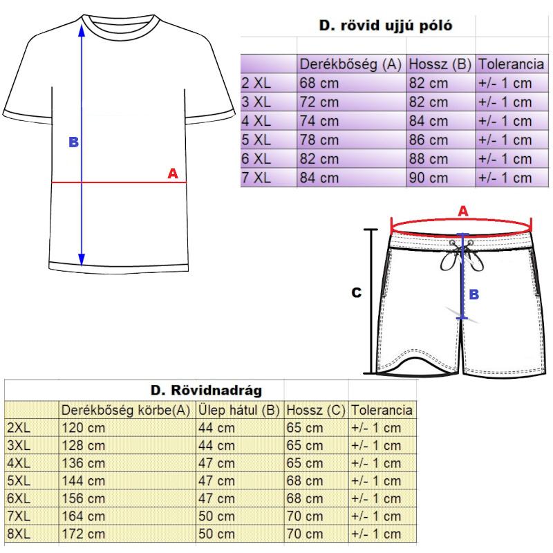 Szürke férfi nagyméretű póló-rövidnadrág szett mérettáblázata2