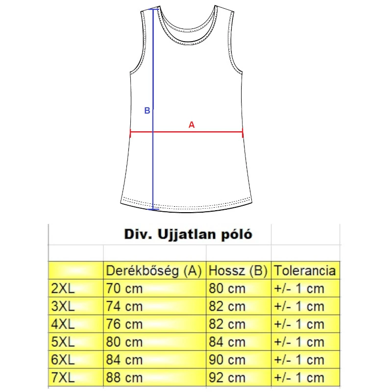 D.Hali királykék  nagyméretű férfi ujjatlan póló mérettáblázata