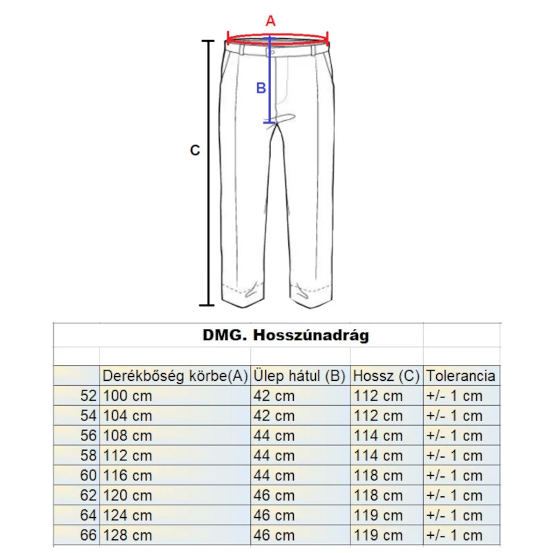 DMG.Fekete svédzsebes nagyméretű férfi alkalmi nadrág mérettáblázata
