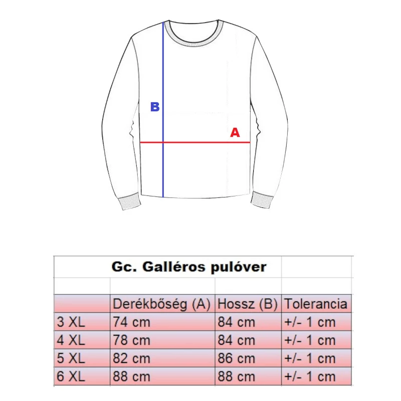 Nagyméretű férfi galléros pulóver mérettáblázata