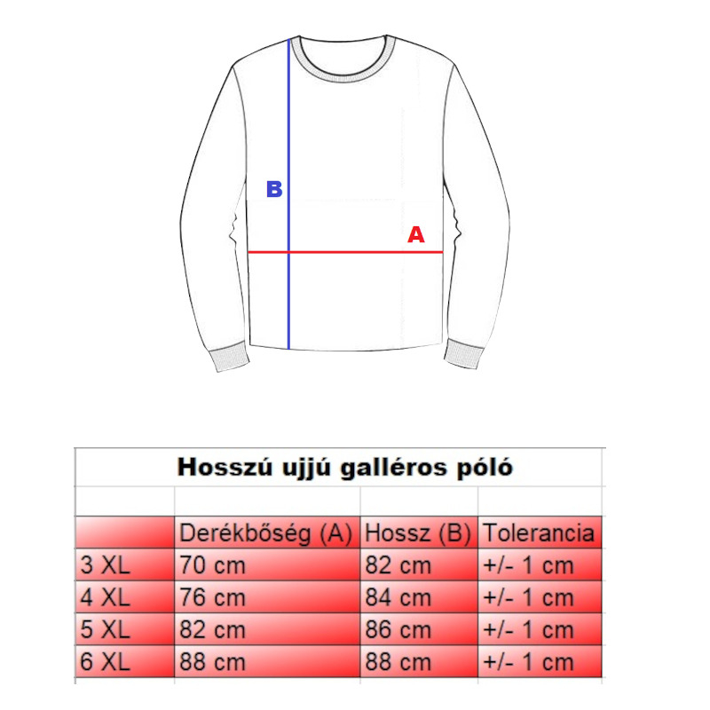 Bordó Argentino galléros férfi nagyméretű hosszú ujjú póló mérettáblázata.2