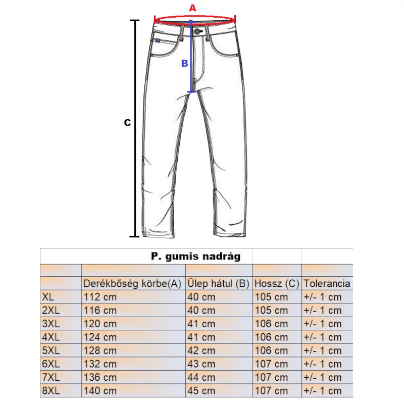 P.Grafit oldalzsebes nagyméretű férfi jogger farmernadrág mérettáblázata