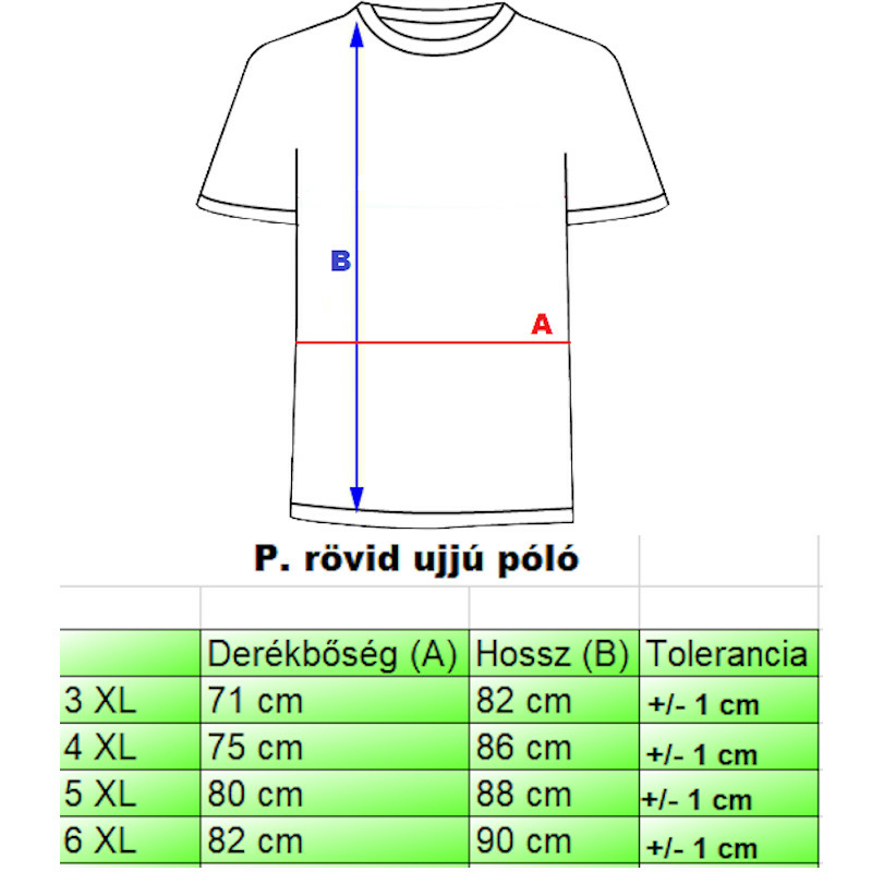 P.Fekete Rivirside nagyméretű férfi póló mérettáblázata