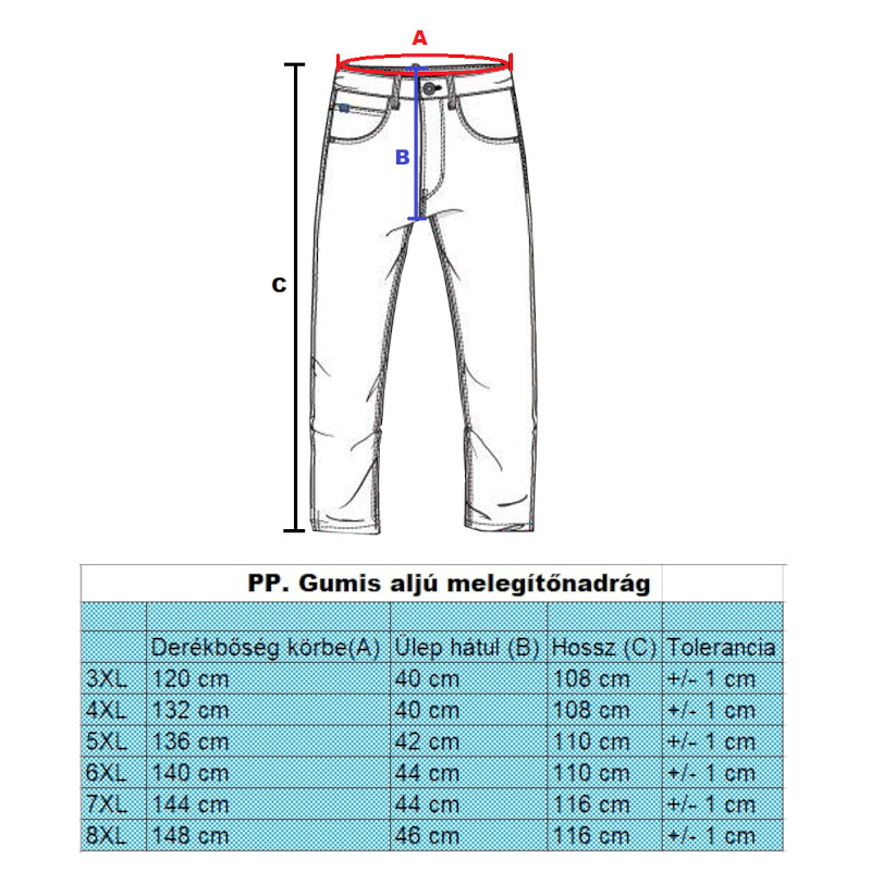 PP.Szürke férfi nagyméretű passzés melegítőnadrág mérettáblázata
