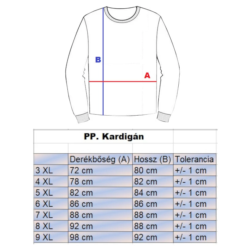 PP.Antracit férfi EXTRA nagyméretű vastag kapucnis kardigán mérettáblázata