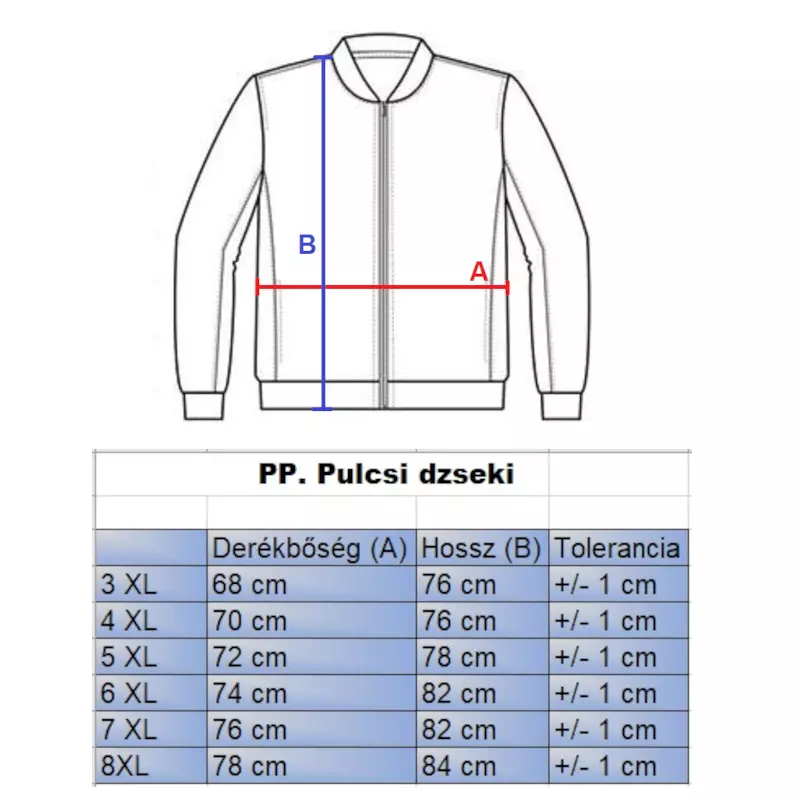 PP.Sötétkék férfi nagyméretű steppelt pulcsi dzseki mérettáblázata