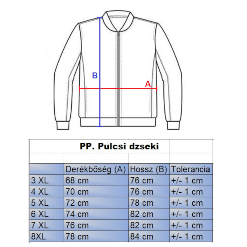 PP.Sötétkék férfi nagyméretű steppelt pulcsi dzseki mérettáblázata