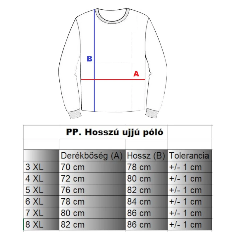 PP.Sötétkék Fashionista nagyméretű férfi hosszú ujjú póló mérettáblázata.