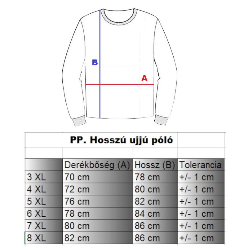 PP.Fekete Fashionista nagyméretű férfi hosszú ujjú póló mérettáblázata.