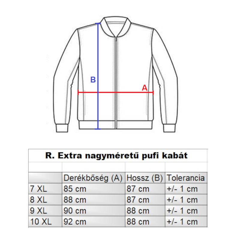 extra nagyméretű férfi pufi kabát mérettáblázata