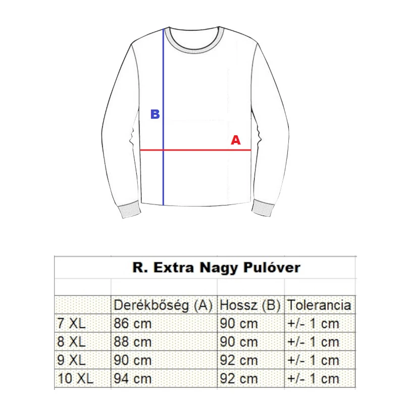 Extra nagyméretű férfi pulóver mérettáblázata