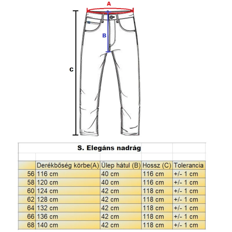 S.Kék kockás férfi nagyméretű alkalmi nadrág mérettáblázata