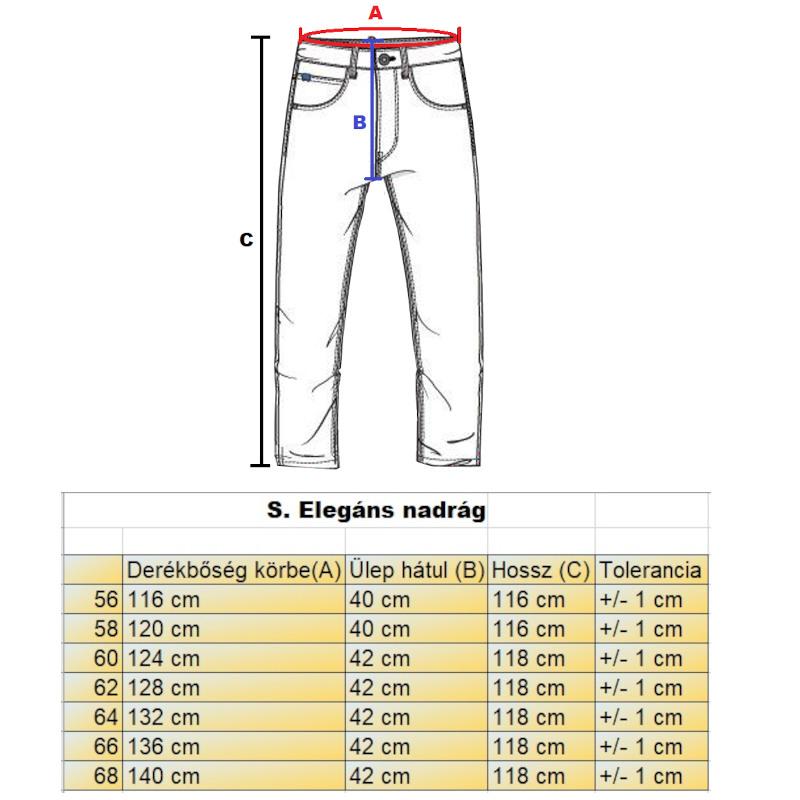 S.Barnás-szürke férfi nagyméretű alkalmi nadrág mérettáblázata