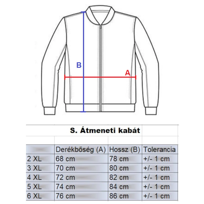 S.Kék férfi nagyméretű bélelt átmeneti szövetkabát mérettáblázata