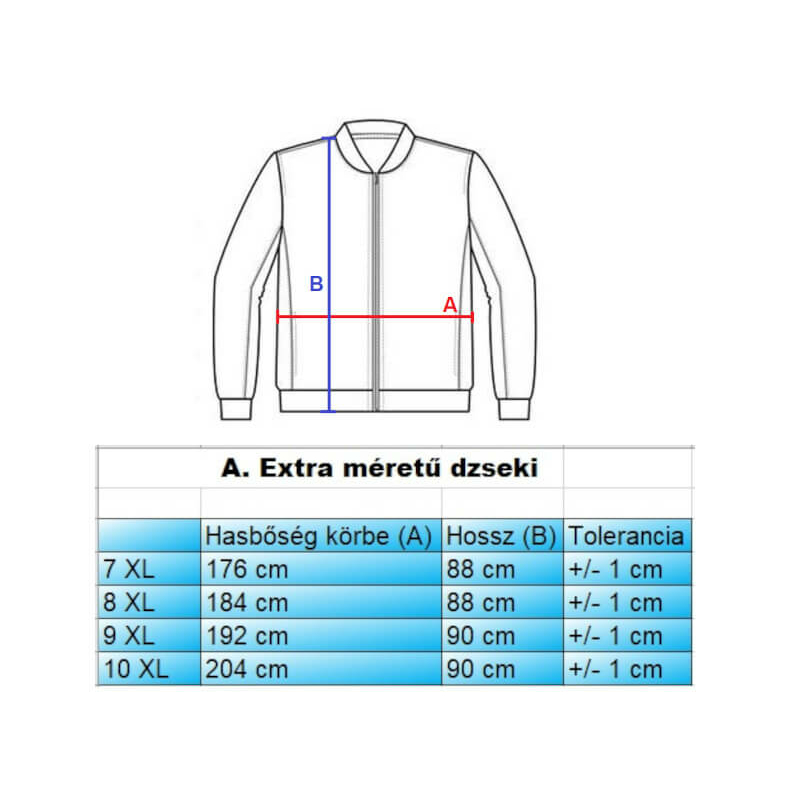 A.Fekete EXTRA nagyméretű férfi vízlepergetős kapucnis dzseki mérettáblázata