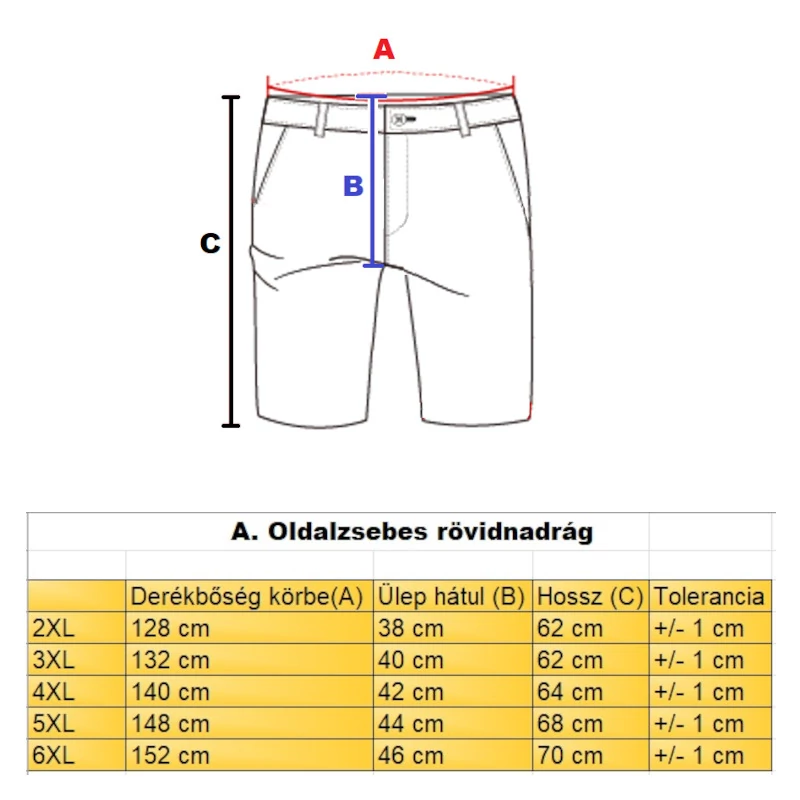 A.Skate camel nagyméretű férfi oldalzsebes rövidnadrág mérettáblázata