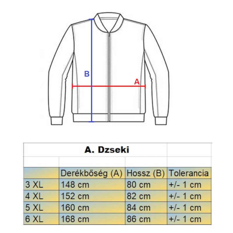 A.Sötétkék-fehér nagyméretű férfi vízlepergetős kapucnis széldzseki mérettáblázata