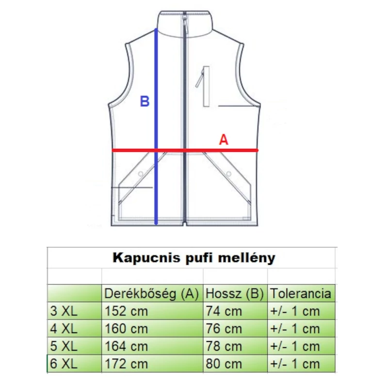 Fekete nagyméretű férfi vízlepergetős kapucnis mellény mérettáblázata