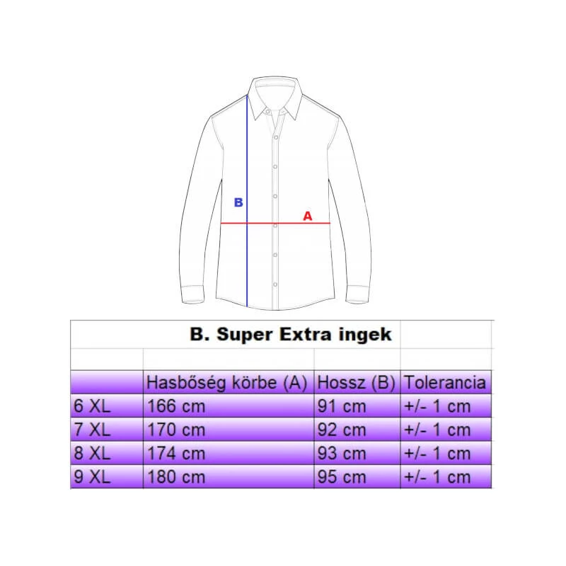 férfi extra nagyméretű hosszú ujjú ing mérettáblázata