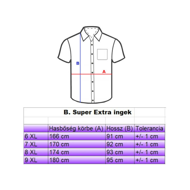 B.Levendula zsebes férfi EXTRA nagyméretű rövid ujjú lenvászon ing mérettáblázata