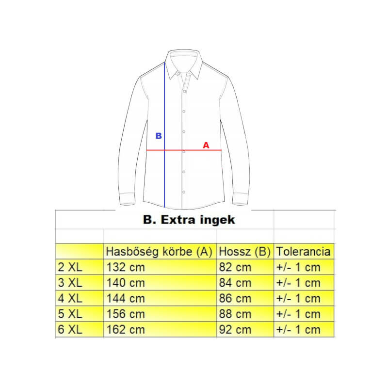 B.Fekete fehér csíkos nagyméretű férfi pamut szatén ing mérettáblázata