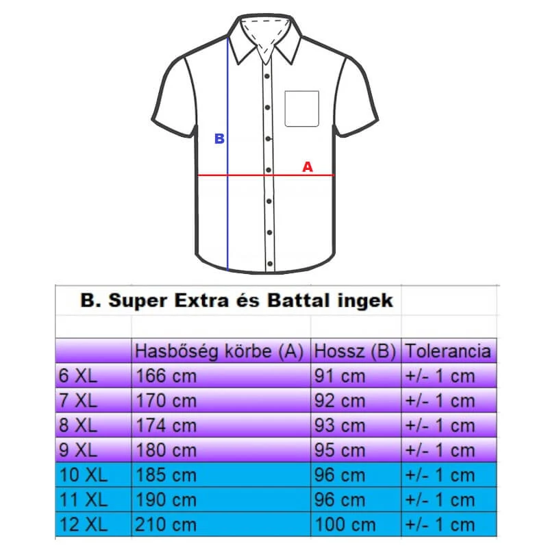 B.Fehér SUPER EXTRA nagyméretű férfi rövid ujjú ing mérettáblázata