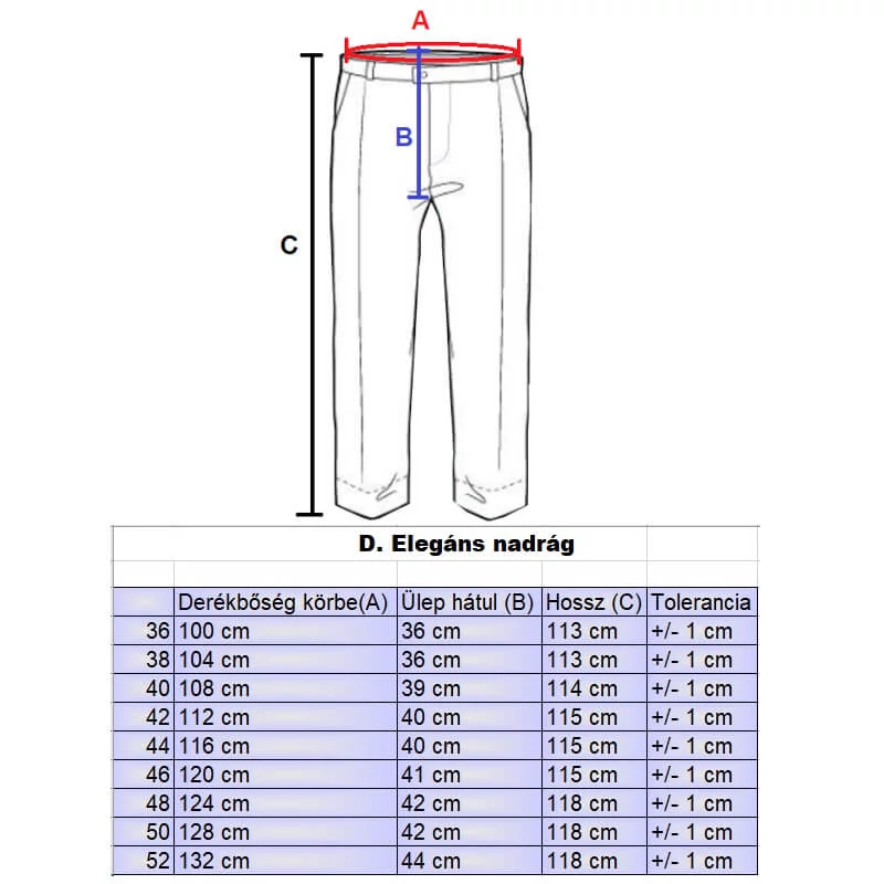 D.Fekete elegáns nagyméretű férfi alkalmi nadrág mérettáblázata