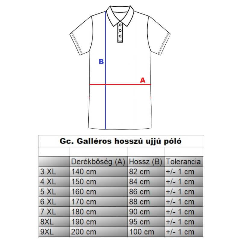 GC.Break sötétkék férfi nagyméretű galléros póló mérettáblázata