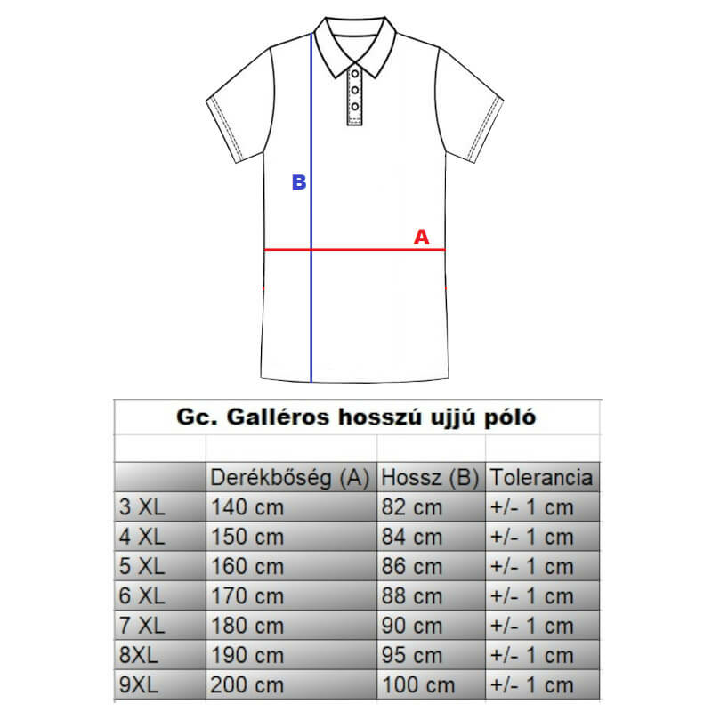 GC.Moving indigókék férfi nagyméretű galléros póló mérettáblázata