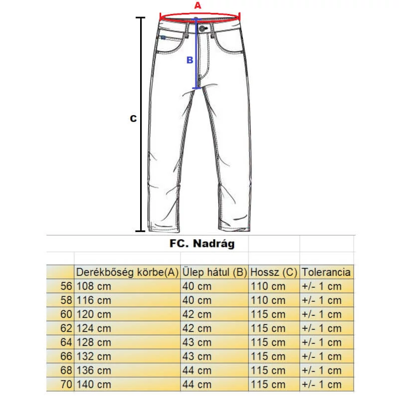 FC.Sötétkék nagyméretű férfi svédzsebes elegáns nadrág mérettáblázata