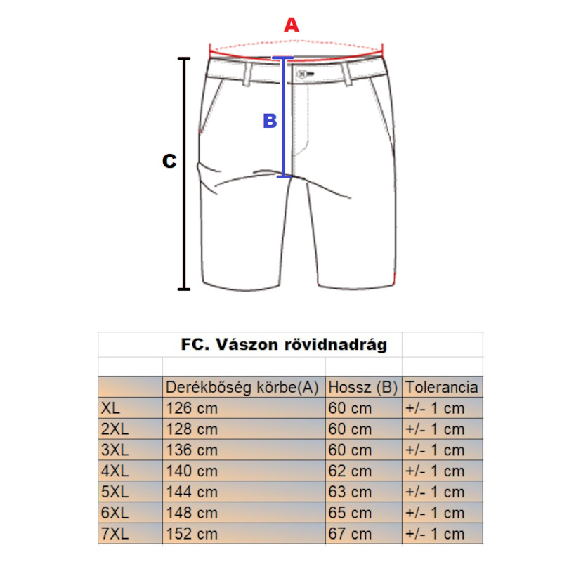 FC.Kék nagyméretű férfi vászon rövidnadrág mérettáblázata