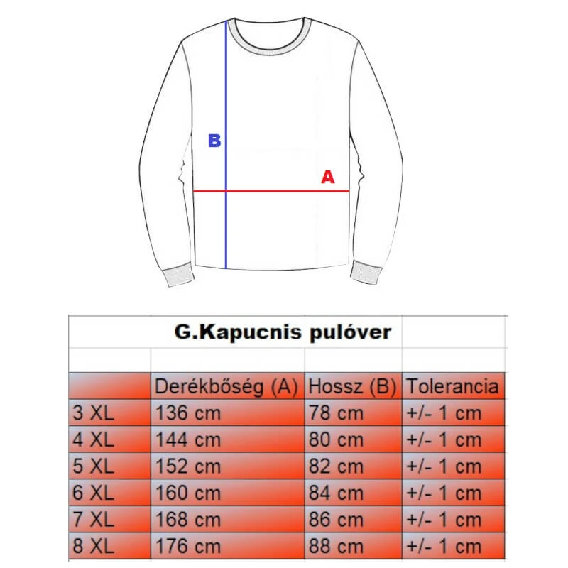 G.Dream sárga nagyméretű férfi kenguruzsebes pulóver mérettáblázata