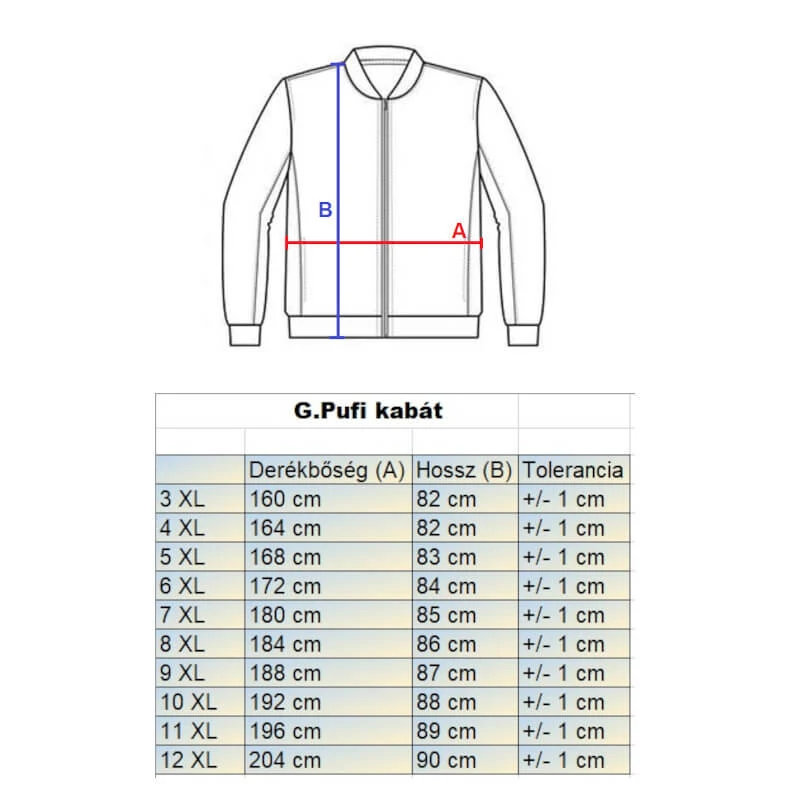 G.Daily sötétkék nagyméretű férfi kapucnis pufi kabát mérettáblázata