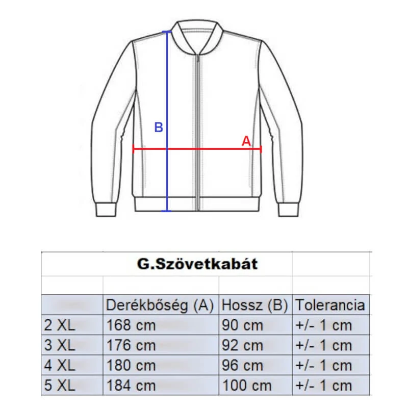 G.Fekete nagyméretű férfi szövetkabát mérettáblázata
