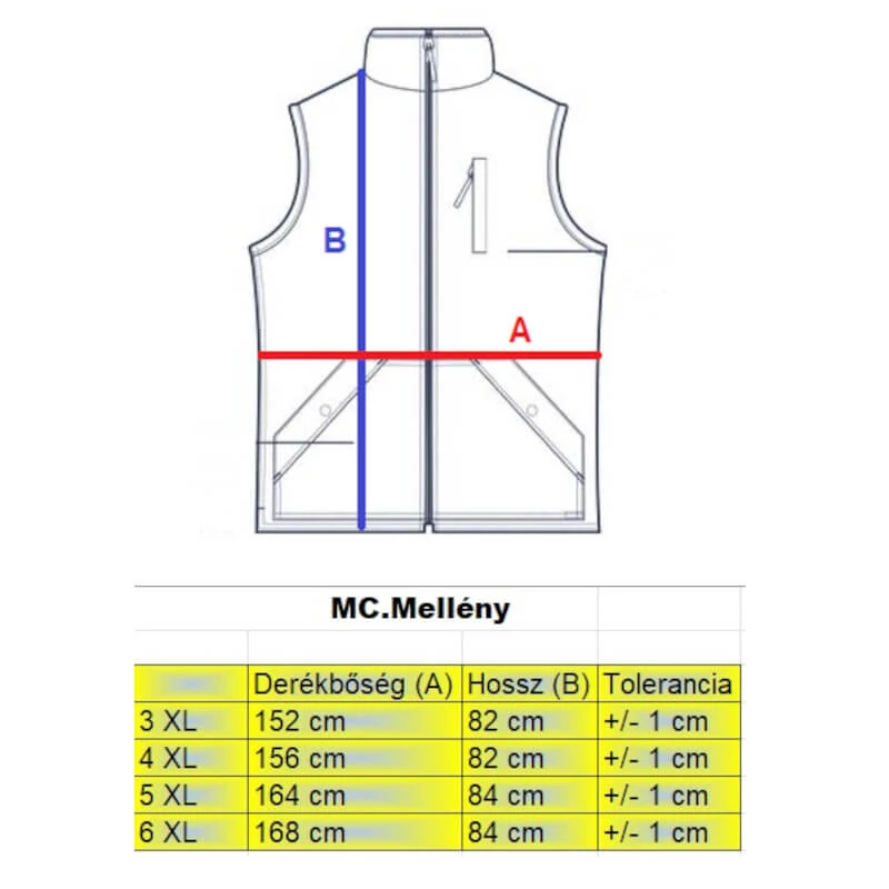 MC.Sötétkék férfi nagyméretű vízlepergetős mellény mérettáblázata