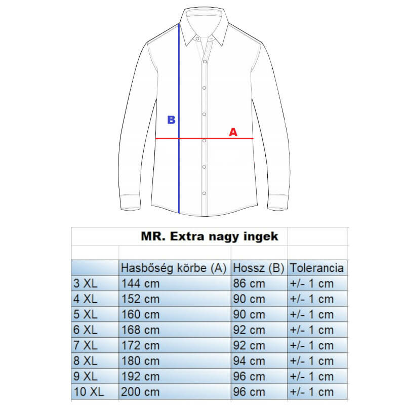 M.Királykék extra nagyméretű férfi zsebes ing mérettáblázata