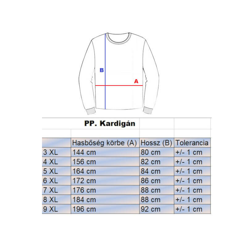 PP.Fekete-szürke férfi nagyméretű steppelt cipzáras pulóver mérettáblázata